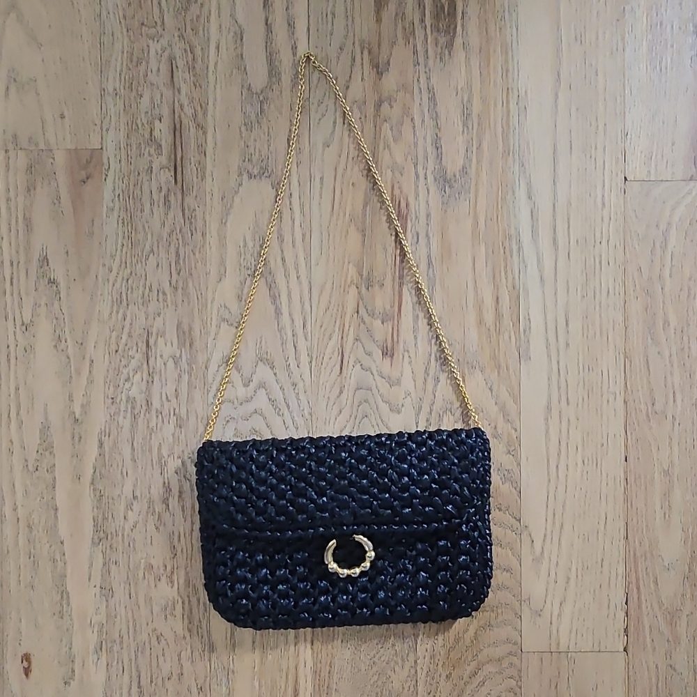 Rodo Black Woven Shoulder Bag Gold Chain Leather Interior for Women